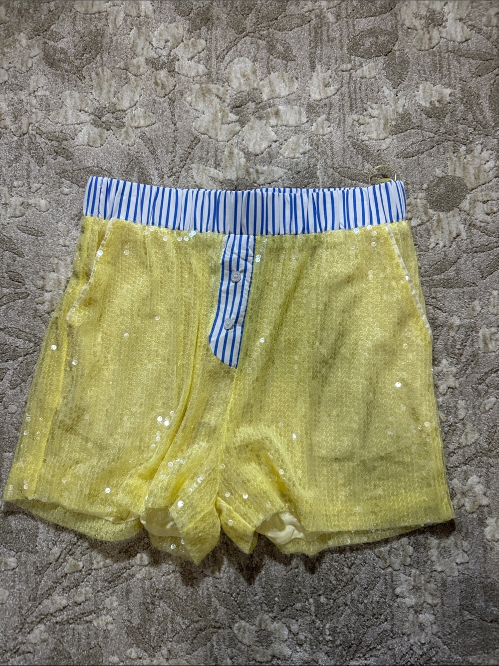 AKIRA Yellow Sequin Shorts with Blue-White Striped Waistband